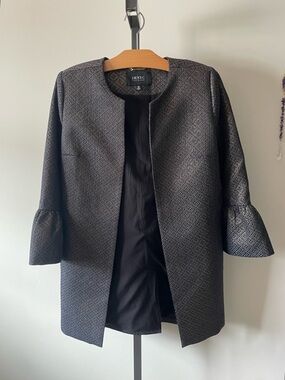 IMNYC Isaac Mizrahi Open Front Car Coat Metallic Jacquard Bell Flare Sleeves